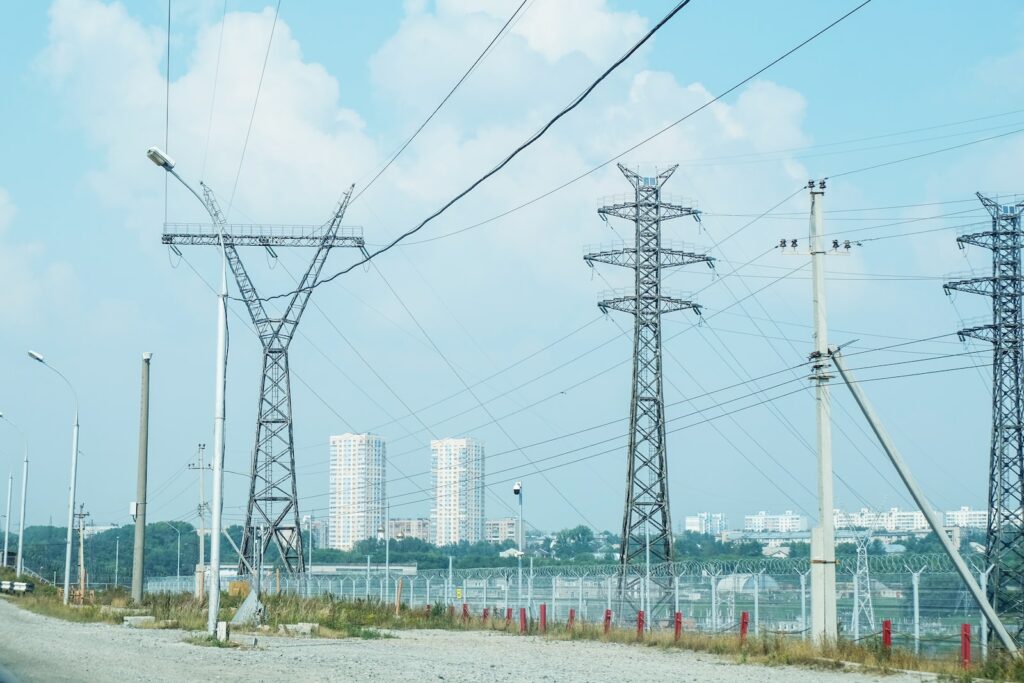 grey metal electric towers