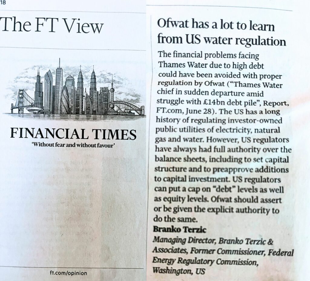 Letter: Ofwat has a lot to learn from US water regulation by Branko Terzic © THE FINANCIAL TIMES LTD 2023. FT and ‘Financial Times’ are trademarks of The Financial Times Ltd.