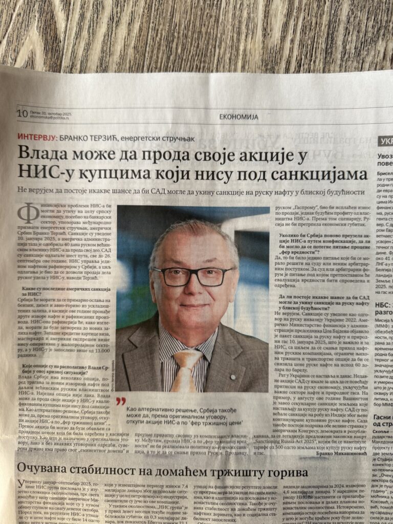NIS Sanctions - Branko Terzic Interviewed by Branko Mikasinovich | October 31, 2025